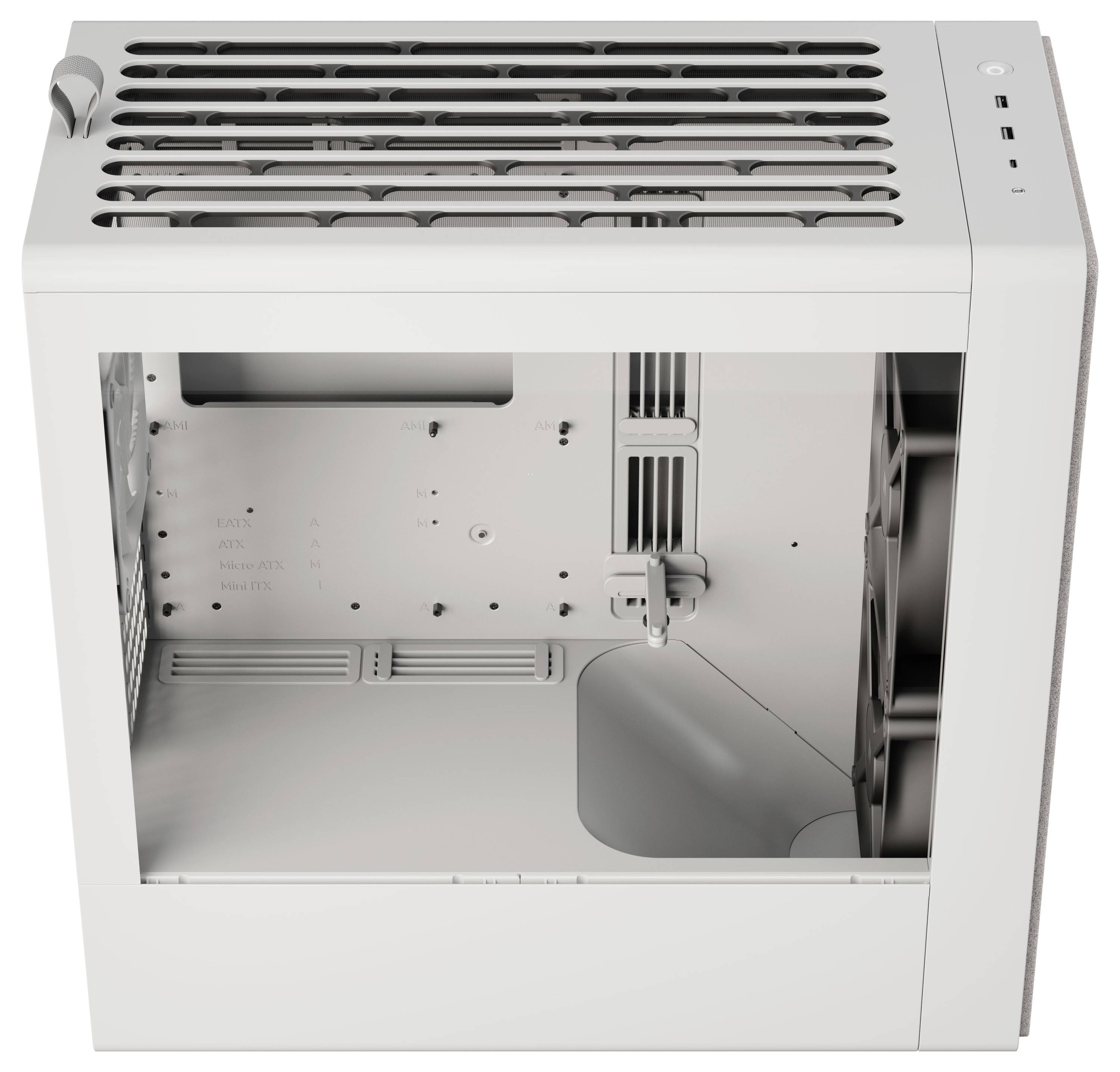 Un boîtier d'ordinateur blanc et vide, vu de dessus, avec des fentes de ventilation latérales et de l'espace pour les composants à l'intérieur.