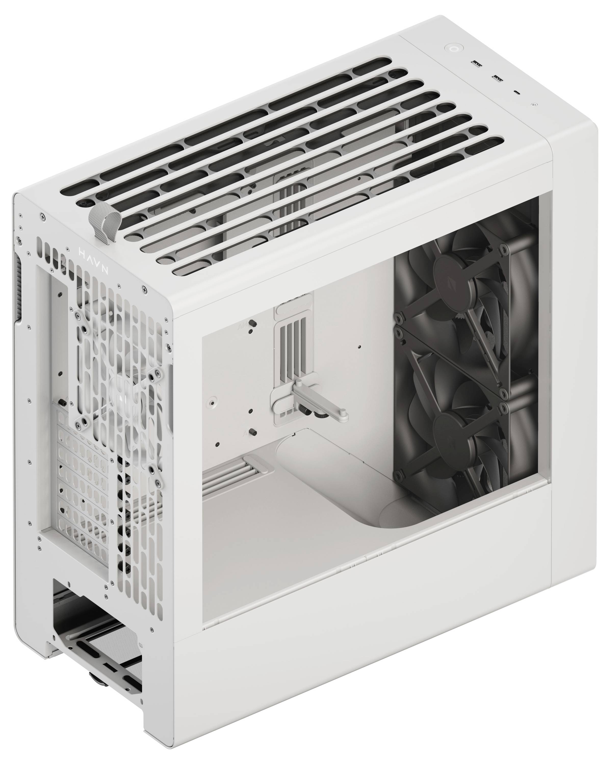 Un boîtier d'ordinateur élégant, blanc, doté d'un panneau supérieur et avant ventilé. Il possède plusieurs emplacements pour ventilateurs et un panneau latéral transparent permettant de visualiser les composants.