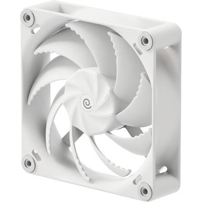Un ventilateur de refroidissement blanc pour ordinateur avec un motif en spirale au centre, composé de huit pales et encadré d'un châssis carré muni de quatre trous de vis.