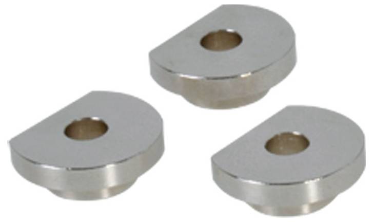 Trois rondelles métalliques semi-circulaires avec des trous centraux, disposées avec leurs faces planes orientées vers le haut.