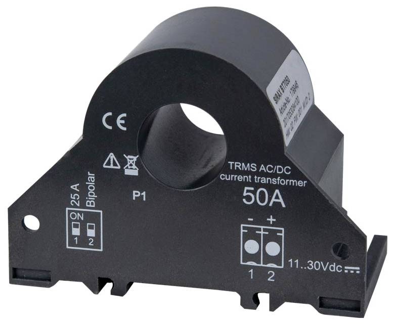 Transformateur de courant pour la surveillance des circuits AC/DC, marqué 'TRMS AC/DC', calibré à 50A, bipolaire avec un secondaire de 25A.