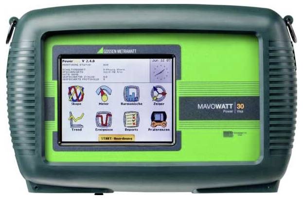 Un moniteur de puissance Gossen Metrawatt Mavowatt 30 vert avec un écran digital affichant des icônes pour différentes fonctions de mesure électrique.