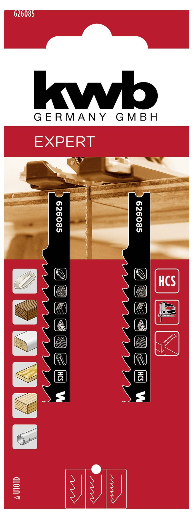 Emballage de lames de scie sauteuse « KWB Germany GmbH Expert ». Deux lames présentées avec des icônes indiquant la coupe du bois, du plastique et du matériau HCS.