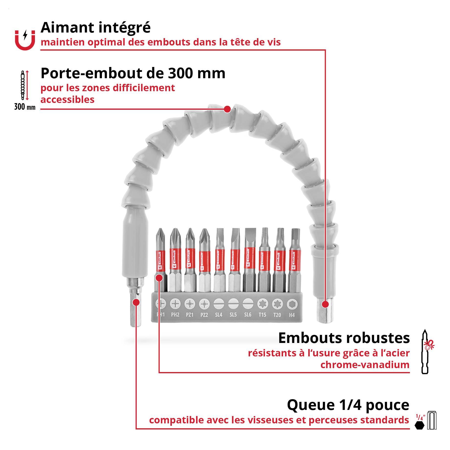 Porte-embout flexible de 300 mm pour zones d'accès difficile, incluant des embouts en acier chrome-vanadium, compatible avec les perceuses-visseuses sans fil.