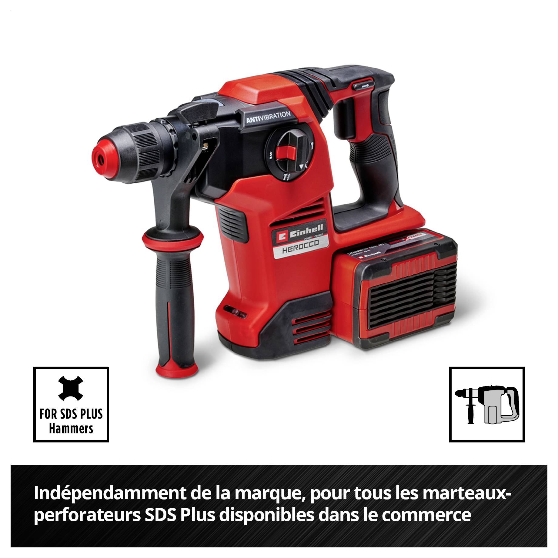 Un marteau perforateur SDS Plus rouge avec batterie. Texte dessous : « Universel pour tous les marteaux perforateurs SDS Plus disponibles dans le commerce ».
