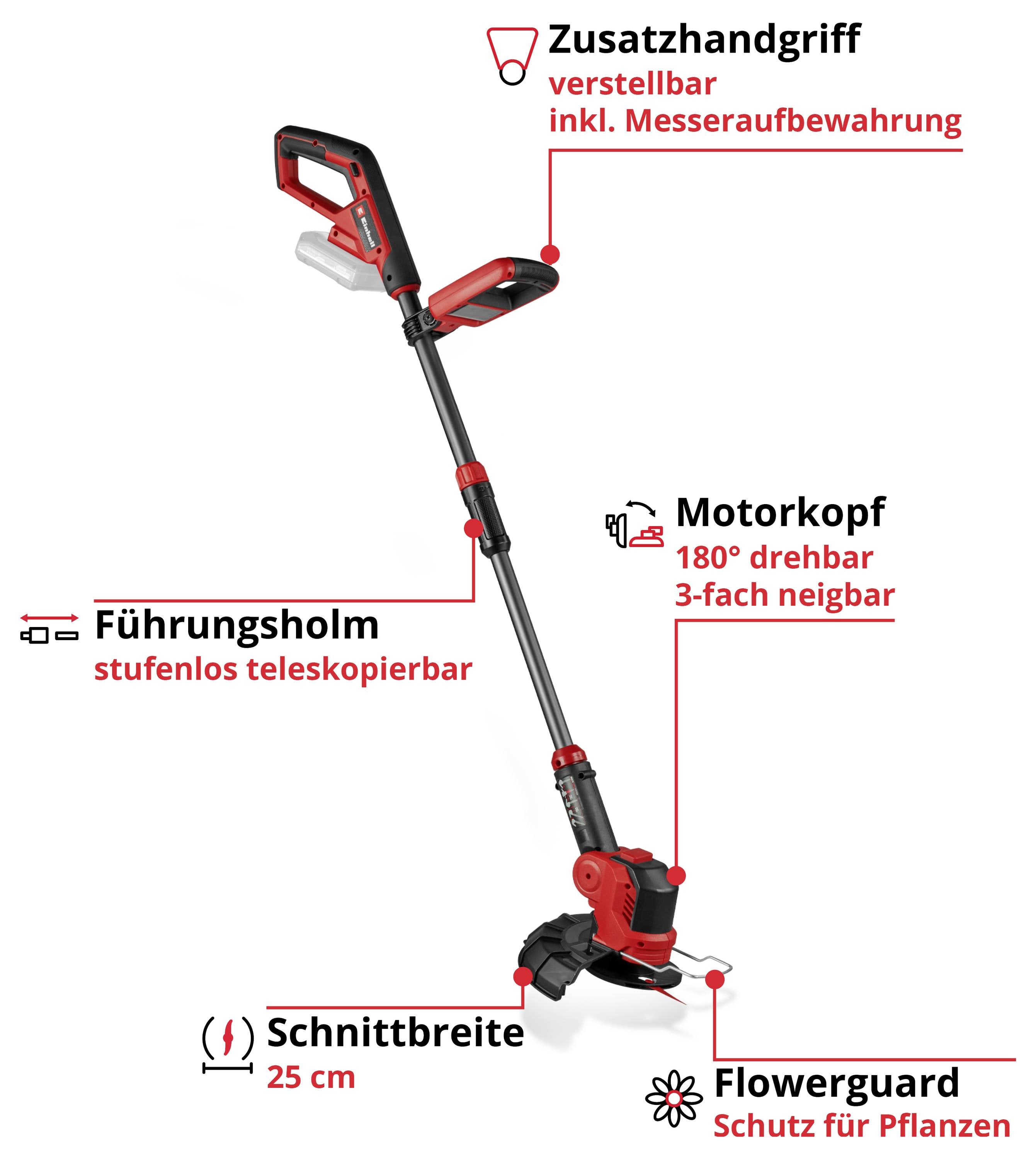 Coupe-bordure électrique avec poignée supplémentaire réglable, tête moteur pivotante à 180° et protection pour les plantes. Largeur de coupe 25 cm.