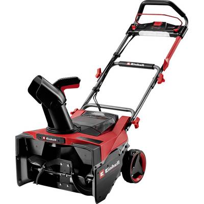 Un souffleuse à neige électrique rouge et noire avec une poignée, une goulotte et des roues, portant le logo 'Einhell' sur son corps et sa poignée.
