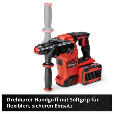 Marteau perforateur rotatif rouge avec poignée supplémentaire et batterie. Texte : « Poignée rotative avec revêtement soft-grip pour une utilisation flexible et sécurisée ».