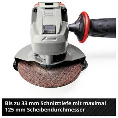 Une meuleuse d'angle avec une poignée rouge. Texte sur l'image : « Jusqu'à 33 mm de profondeur de coupe avec un diamètre de disque maximal de 125 mm ».