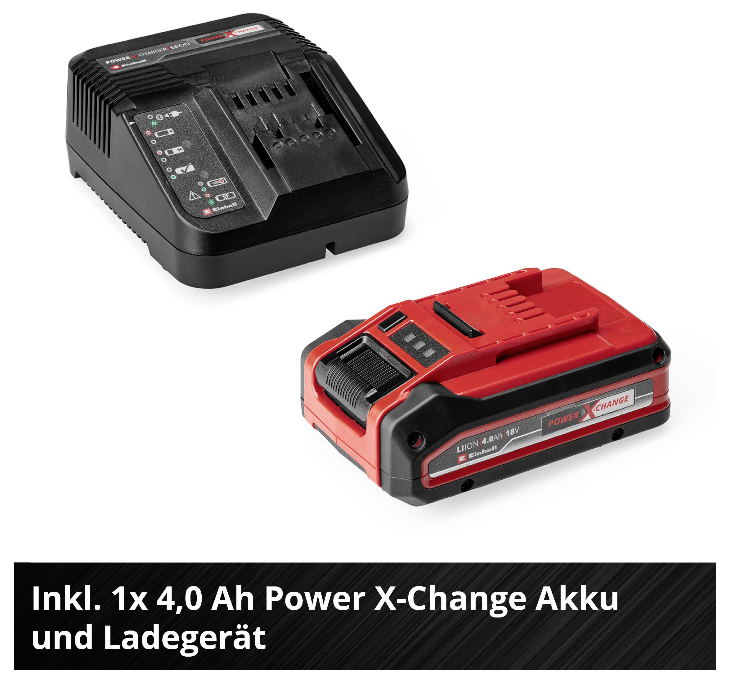 Un set de batterie et chargeur Power X-Change comprenant une batterie de 4,0 Ah et un chargeur adapté.