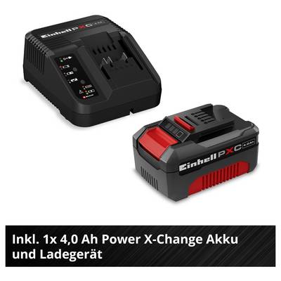 Ensemble Einhell Power X-Change avec chargeur et batterie 4,0 Ah ; Texte : « Inclus 1x batterie Power X-Change 4,0 Ah et chargeur »