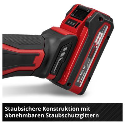 Un tournevis-perceuse rouge à batterie avec technologie 'Power X-Change'. Le texte décrit une construction résistante à la poussière avec des grilles de protection amovibles.