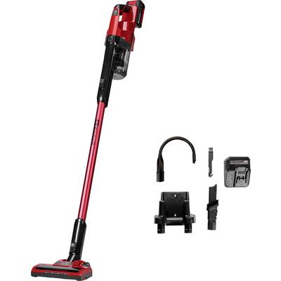 Aspirateur balai sans fil présenté avec accessoires : support mural, suceur plat, brosse, chargeur et batterie sur fond blanc.