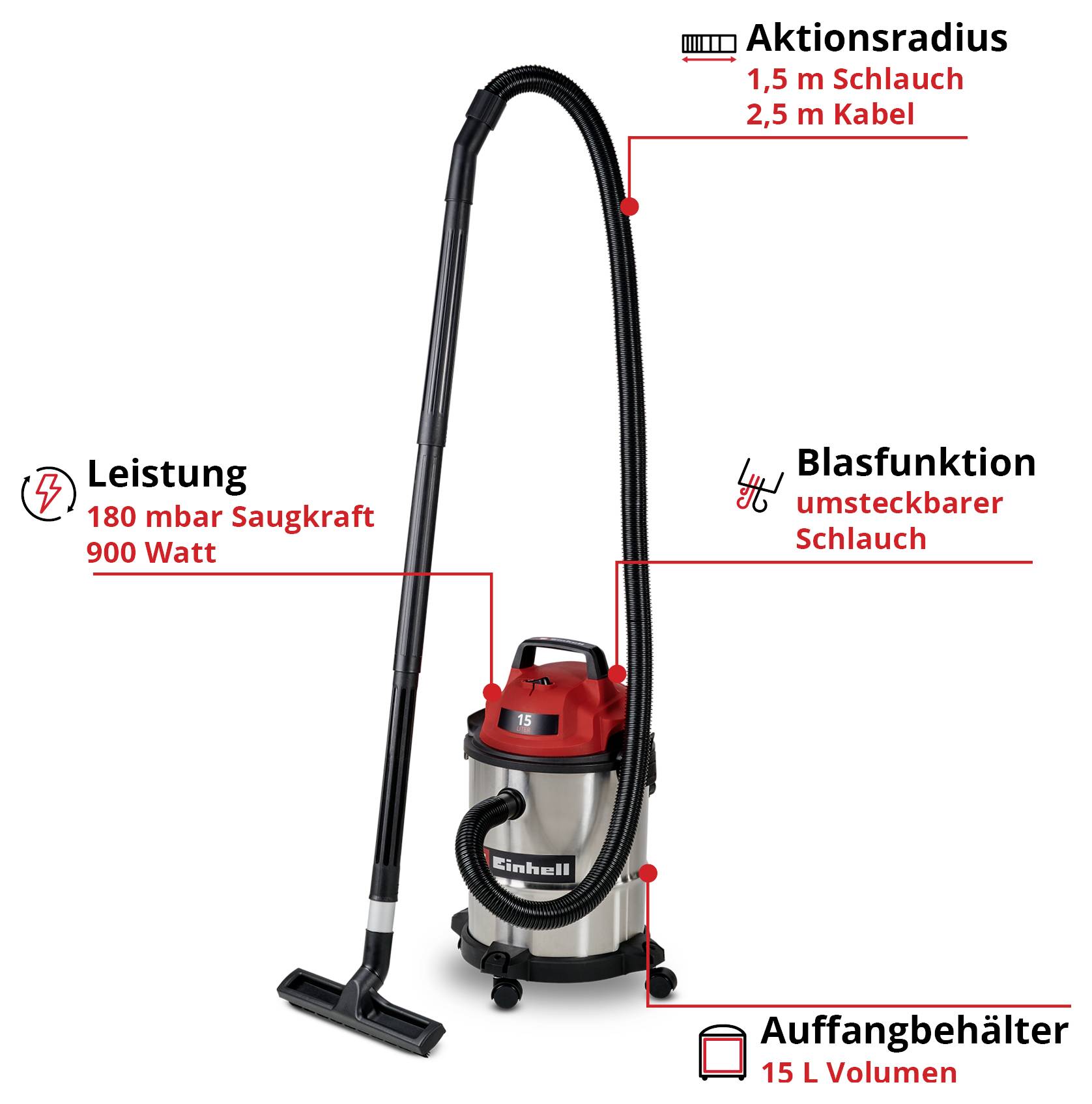 Aspirateur eau et poussière avec une puissance d'aspiration de 180 mbar et une puissance de 900 watts. Rayon d'action : tuyau de 1,5 m, câble de 2,5 m. Fonction soufflerie : tuyau réversible. Réservoir de collecte : volume de 15 L.