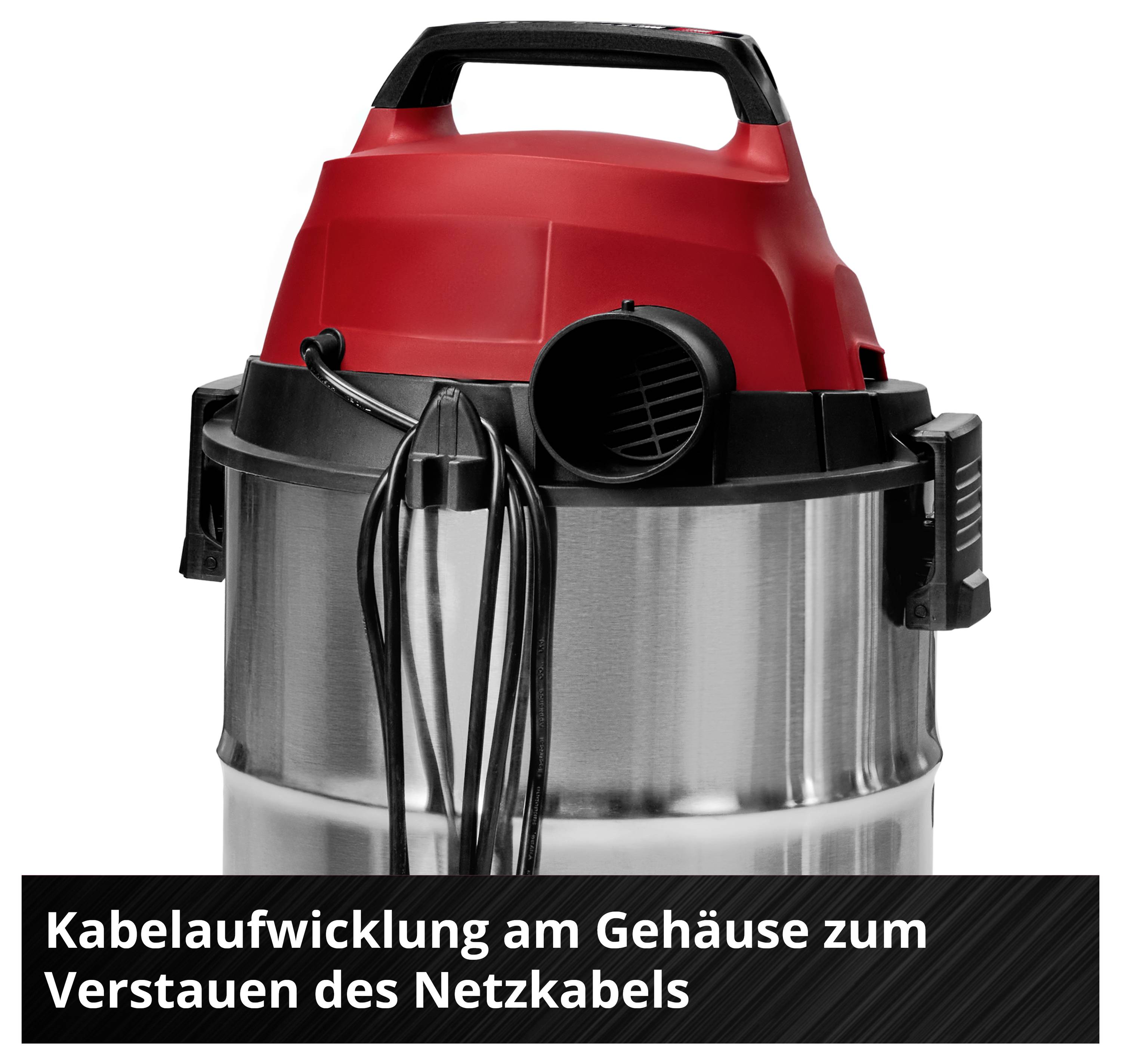 Un aspirateur rouge et argenté avec un enrouleur de câble sur le boîtier pour le rangement du cordon d'alimentation.