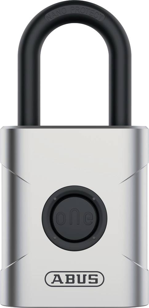 Cadenas de marque 'ABUS' en argent avec un arceau noir.