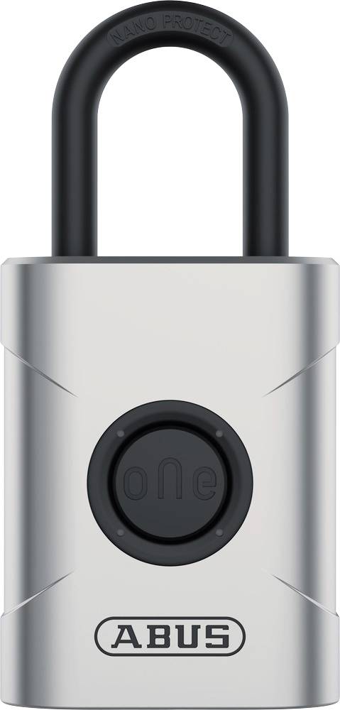 Un cadenas en argent avec un étrier noir, portant le nom de marque 'ABUS' au bas et 'oNe' sur le mécanisme central circulaire de verrouillage.