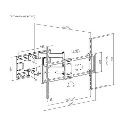 Schéma de support mural montrant des bras ajustables, dimensions en millimètres, avec des plages 75-703 et 200-910, angles +60 à -60 degrés.