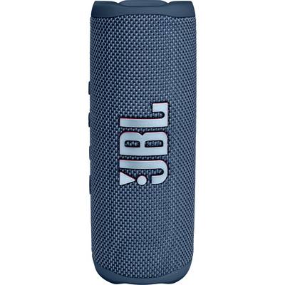 Enceinte Bluetooth portable JBL bleu avec surface texturée et logo affiché verticalement au centre.