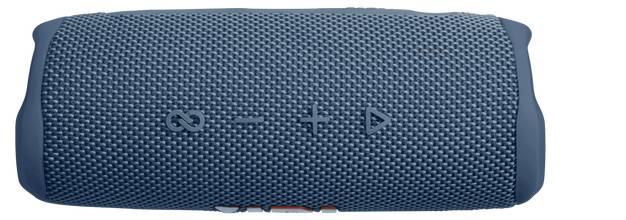 Un haut-parleur Bluetooth portable bleu recouvert d'un tissu texturé et équipé de boutons de contrôle surélevés pour augmenter et baisser le volume, ainsi que pour lecture/pause.