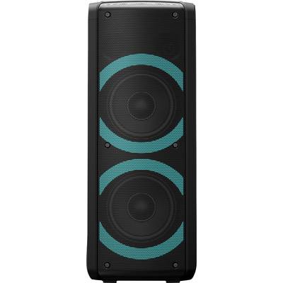 Un haut-parleur rectangulaire noir avec deux anneaux LED bleus circulaires autour des haut-parleurs, émettant un design moderne et vibrant.