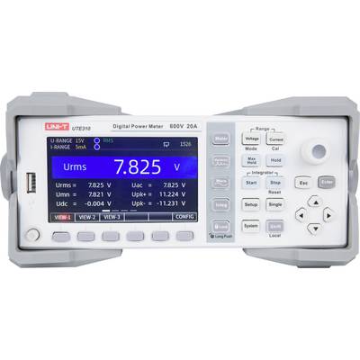 Compteur de puissance numérique affichant la lecture « Urms 7,825 V » sur un écran bleu, avec divers boutons de commande et sélecteurs pour différentes mesures.