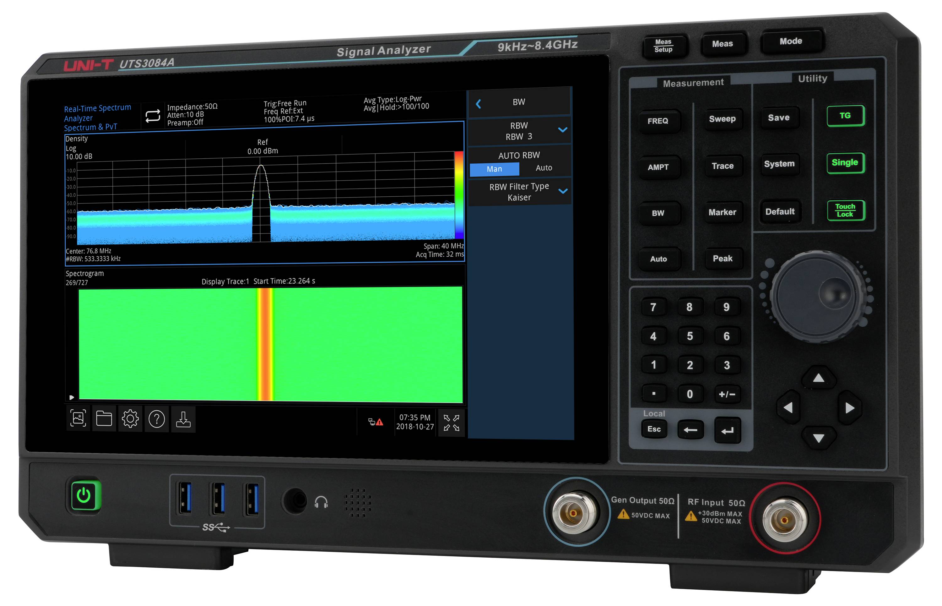 Un analyseur de signaux affichant un graphique de fréquence et d'amplitude. L'écran montre une forme d'onde et un dégradé de couleurs indiquant l'intensité du signal.