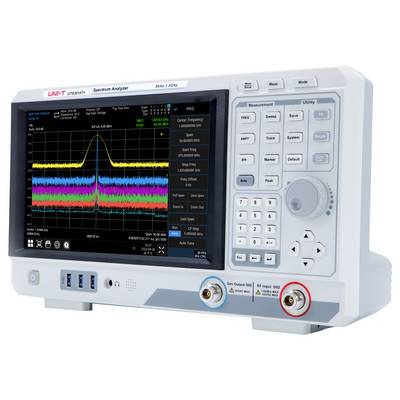 Analyseur de spectre affichant le spectre de fréquence avec plusieurs formes d'ondes colorées, divers boutons de contrôle pour les réglages de mesure.