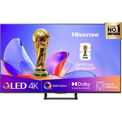 Écran de téléviseur Hisense affichant un graphique du trophée de la Coupe du Monde de la FIFA. Le texte indique « Sponsor officiel » avec « QLED 4K » et « Dolby Vision Atmos ».