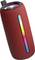 Un haut-parleur portable rouge avec une bande lumineuse LED verticale affichant plusieurs couleurs et une poignée noire au sommet.