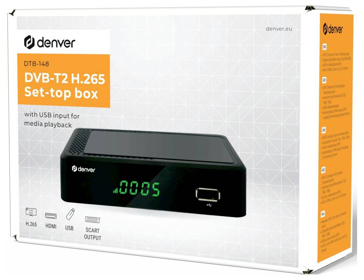 Denver DTB-148 Récepteur DVB-T2 fonction enregistrement, standard DVB-T2 allemand (H.265), port Ethernet, USB à l'avant,-6