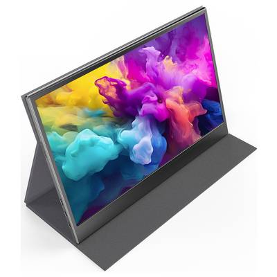 « Un moniteur portable élégant avec un écran d'affichage abstrait coloré, posé sur un support sombre. »