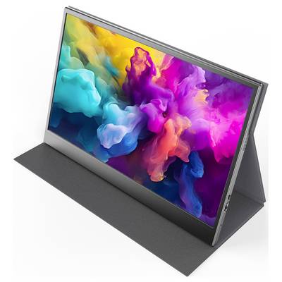 Un moniteur élégant et moderne affichant un design abstrait vibrant et coloré, positionné sur un support.