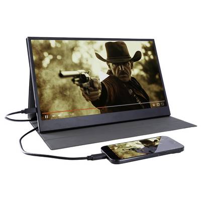 Une vidéo d'un cowboy portant un chapeau et visant avec un pistolet s'affiche sur un moniteur portable connecté à un smartphone, tous deux montrant la même image.