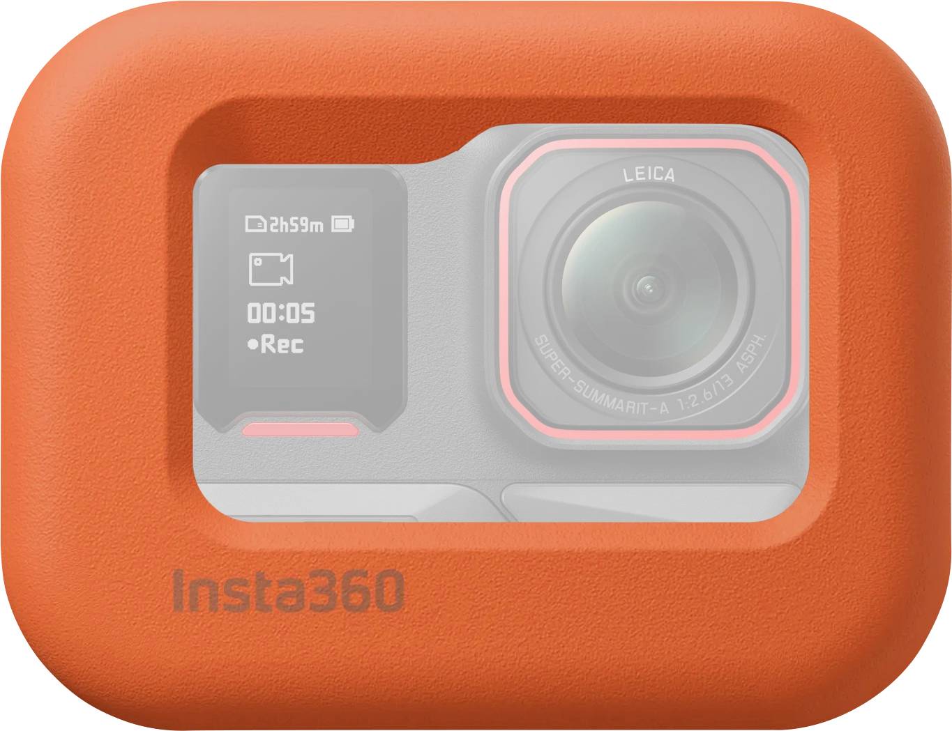 Caméra 'Insta360' enfermée dans un boîtier de protection orange, affichant le temps d'enregistrement et les paramètres à l'écran.