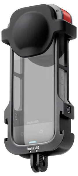 Boîtier étanche pour caméra Insta360 avec housse de protection en caoutchouc noir, montrant le boîtier complètement fermé, conçu pour des prises de vue à 360 degrés.