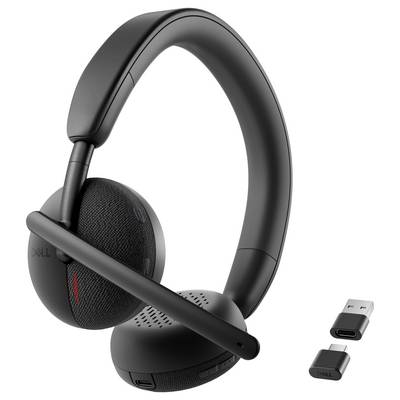 Un casque sans fil noir avec un microphone perche est présenté aux côtés de deux dongles USB, illustrant les options de connectivité.