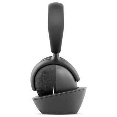 Casque audio noir supra-auriculaire, vue de côté, avec un design moderne et élégant. Les écouteurs et le bandeau présentent une finition lisse et une forme ergonomique.