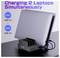 Image montrant deux ordinateurs portables se chargeant simultanément sur un dock. Texte : Charge de 2 Ordinateurs Portables Simultanément. Ports : USB-C3 et USB-C4, 65W chacun.