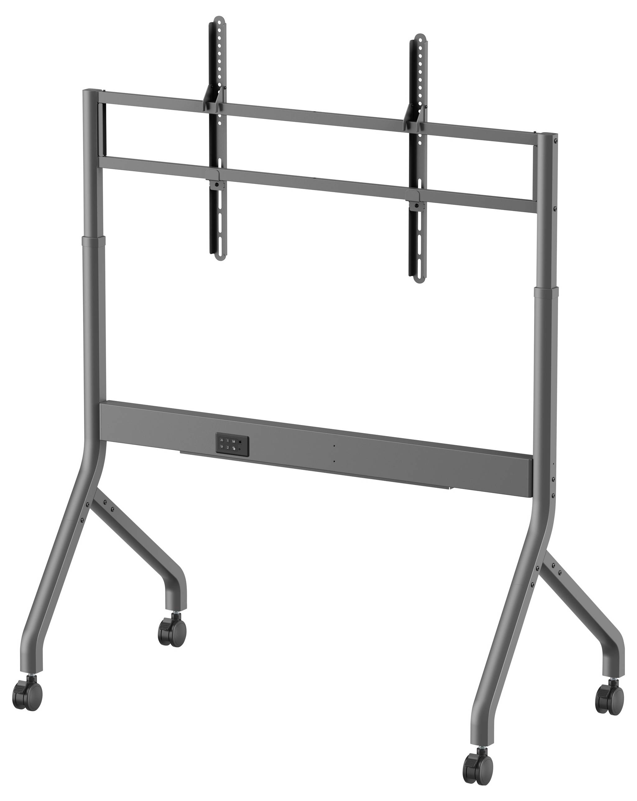 Un support de télévision mobile sur roulettes avec des supports de montage permettant de fixer un téléviseur à écran plat. Idéal pour les présentations ou l'affichage.