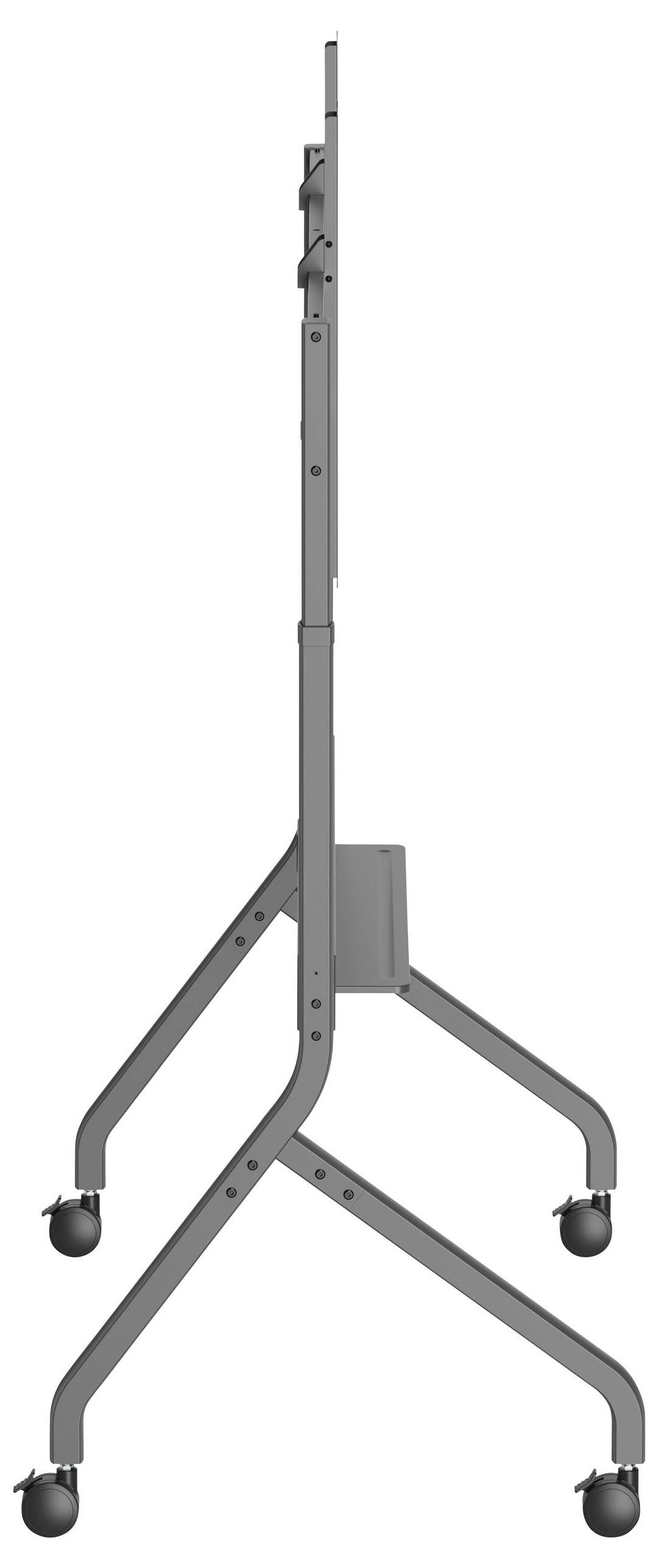 Une vue de côté d'un support mobile gris à roulettes, conçu pour soutenir un écran plat ou un moniteur, montrant son profil fin et sa structure de jambes.