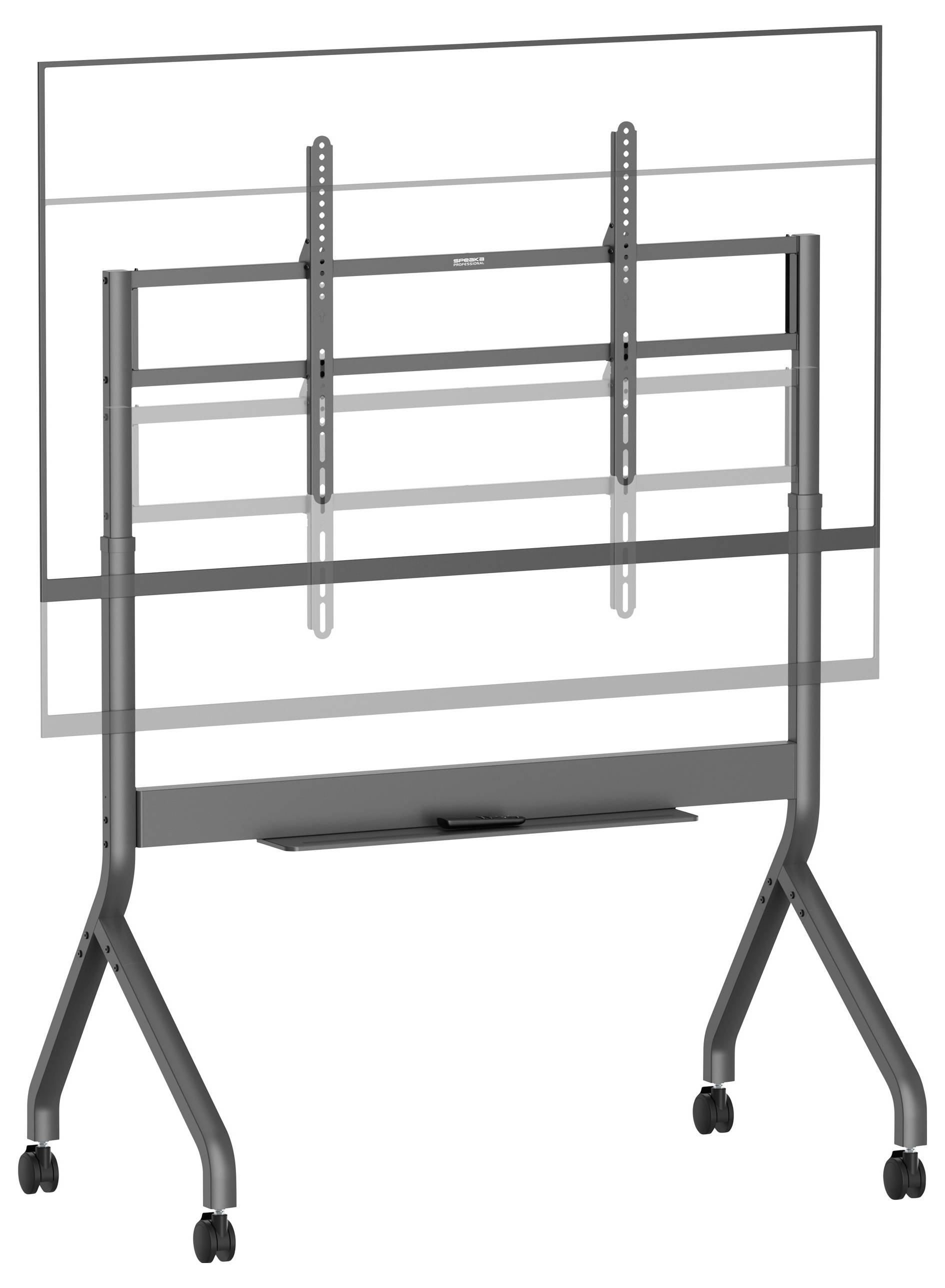 Support de téléviseur mobile sur roulettes, avec support de hauteur réglable et étagère pour écrans, présenté avec un contour d'écran estompé à des fins d'illustration.