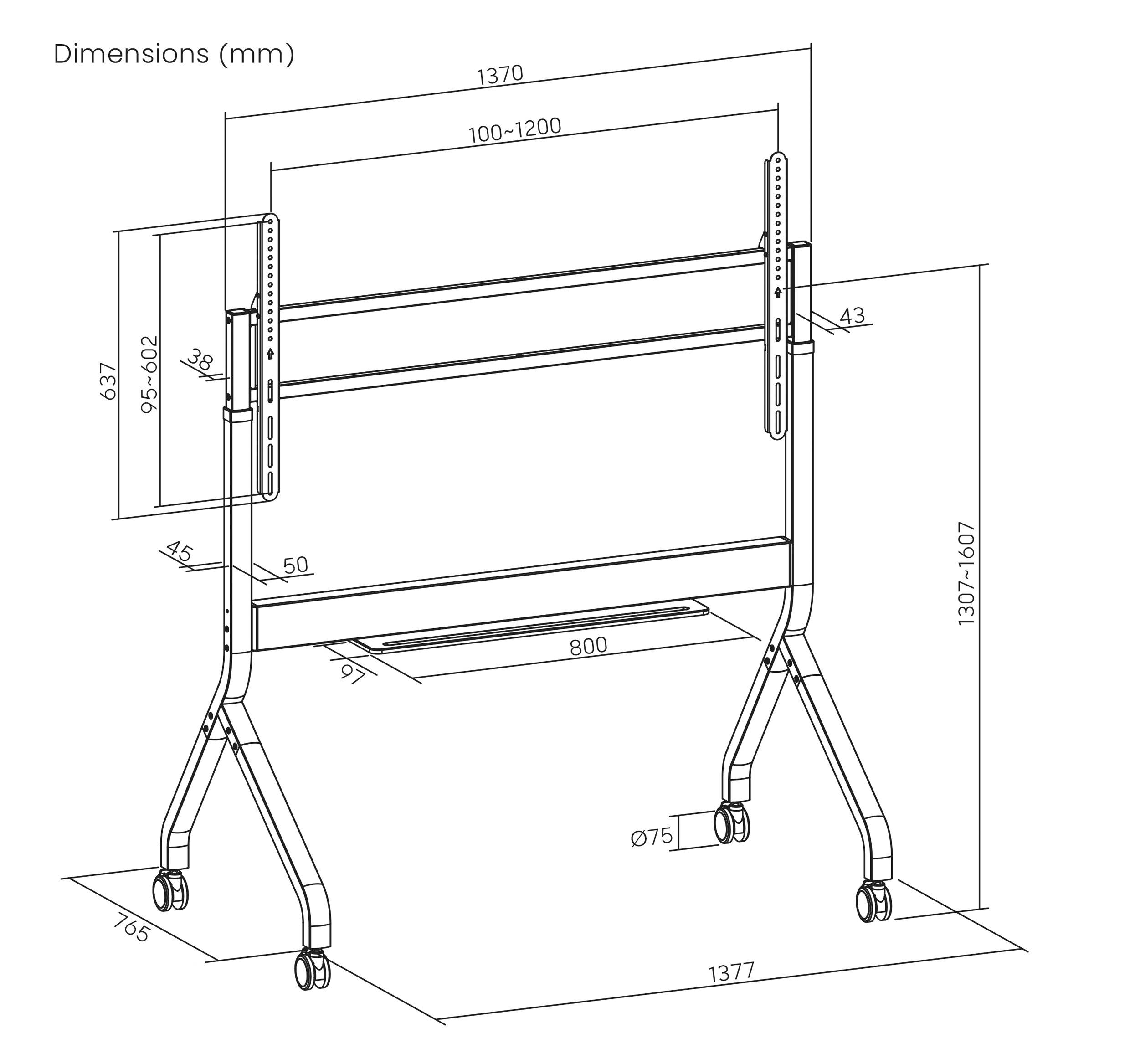 'Dimensions du support mobile : hauteur 1307-1607 mm, largeur 1370 mm, profondeur 637-1377 mm. Hauteur ajustable, plage de largeur 100-1200 mm, diamètre des roues 75 mm.'