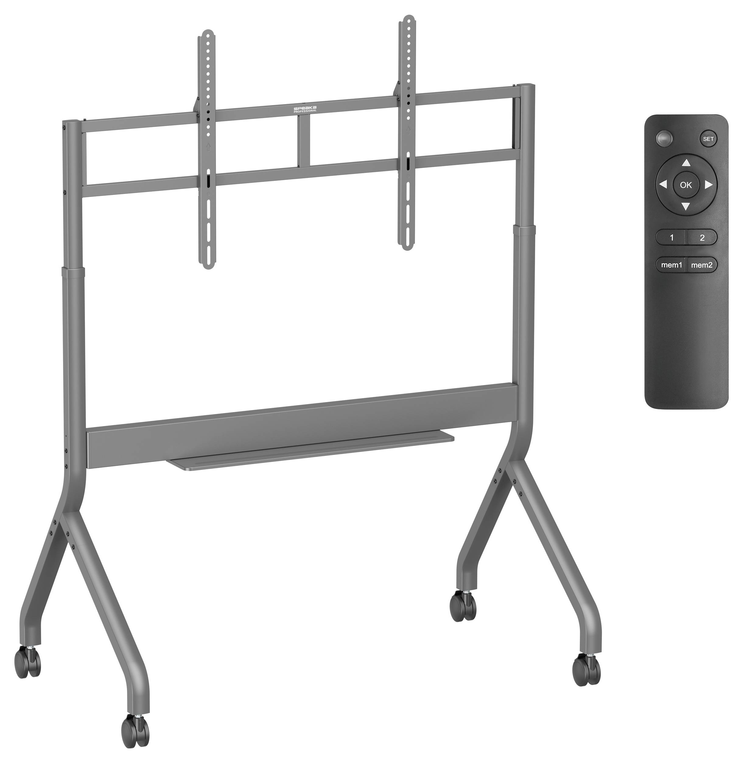 Un support TV mobile avec roues et hauteur réglable, accompagné d'une télécommande.