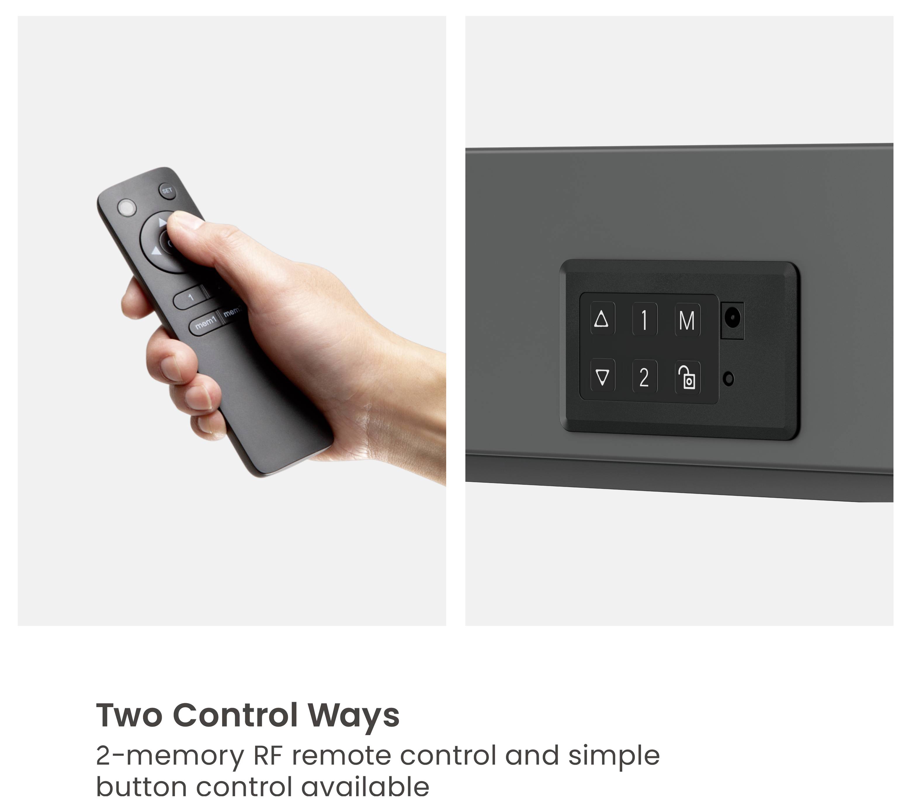 Une main tient une télécommande avec des boutons. À proximité, un panneau avec des symboles de triangle, de cadenas et de mémoire. Texte : Deux modes de contrôle, télécommande et contrôle par bouton disponibles.