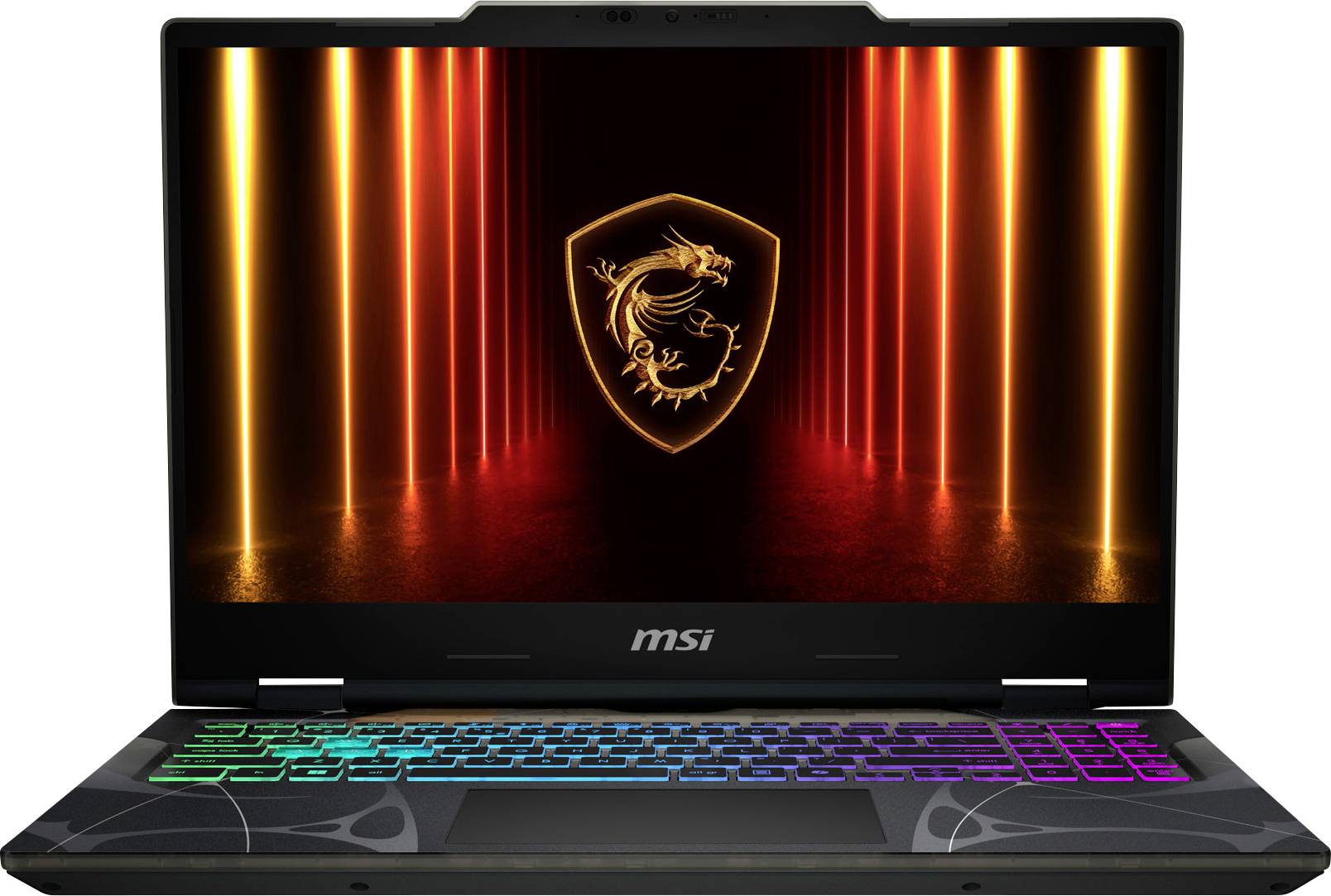 Un ordinateur portable de jeu avec un clavier rétroéclairé coloré affiche un logo de dragon sur l'écran, entouré de lignes orange brillantes.