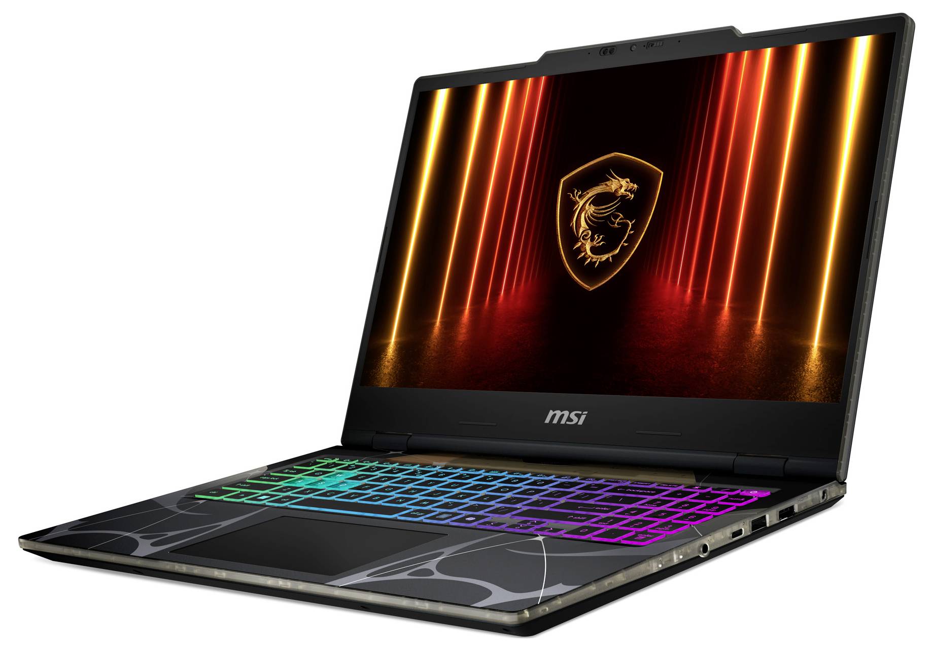 Ordinateur portable de gaming MSI ouvert avec un clavier multicolore lumineux et un logo de dragon vif à l'écran, installé sur un fond abstrait de lumière orange.