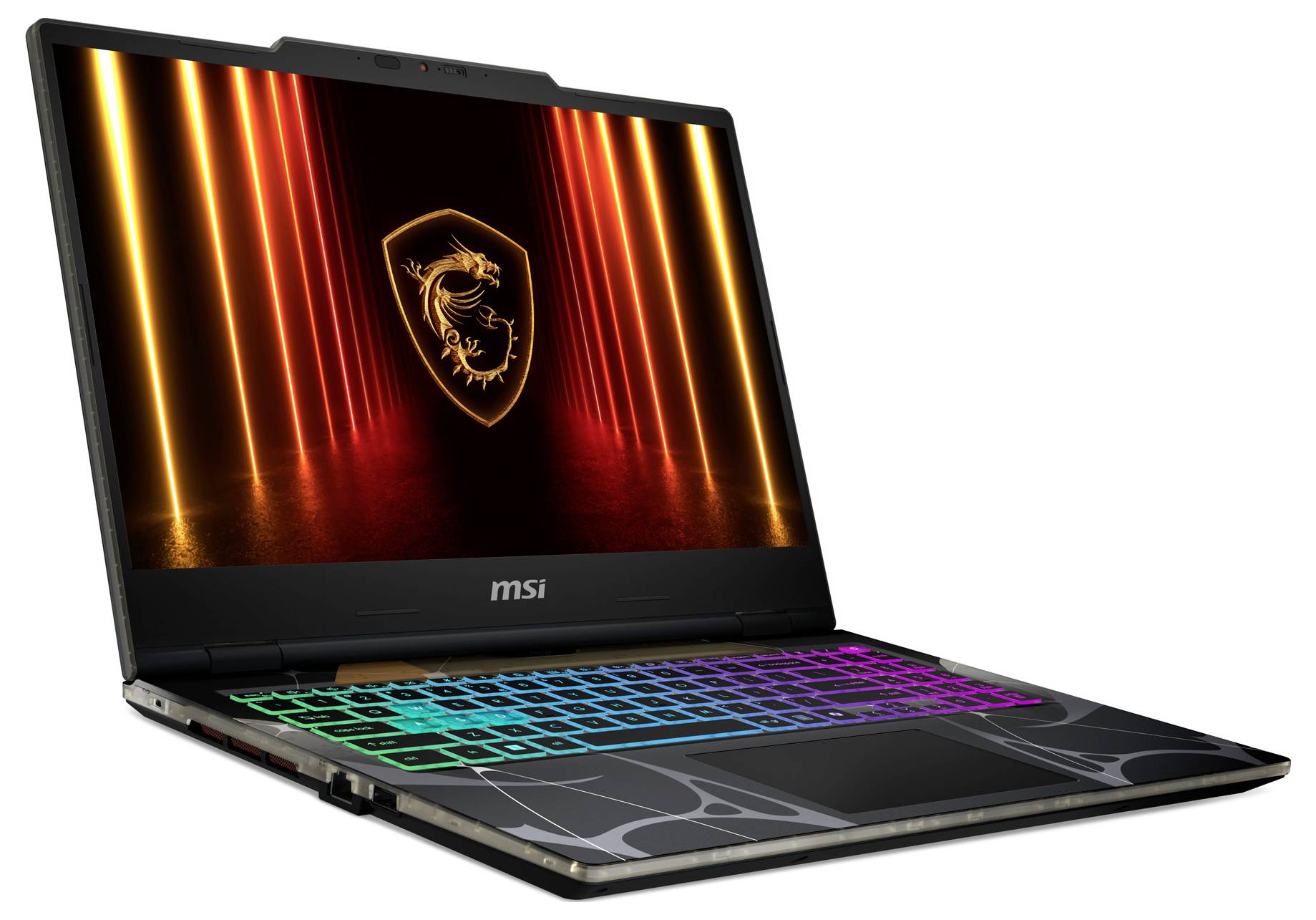 Un ordinateur portable de jeu élégant affichant un logo de dragon sur l'écran, avec un clavier rétroéclairé arc-en-ciel, ouvert en angle sur un fond blanc.