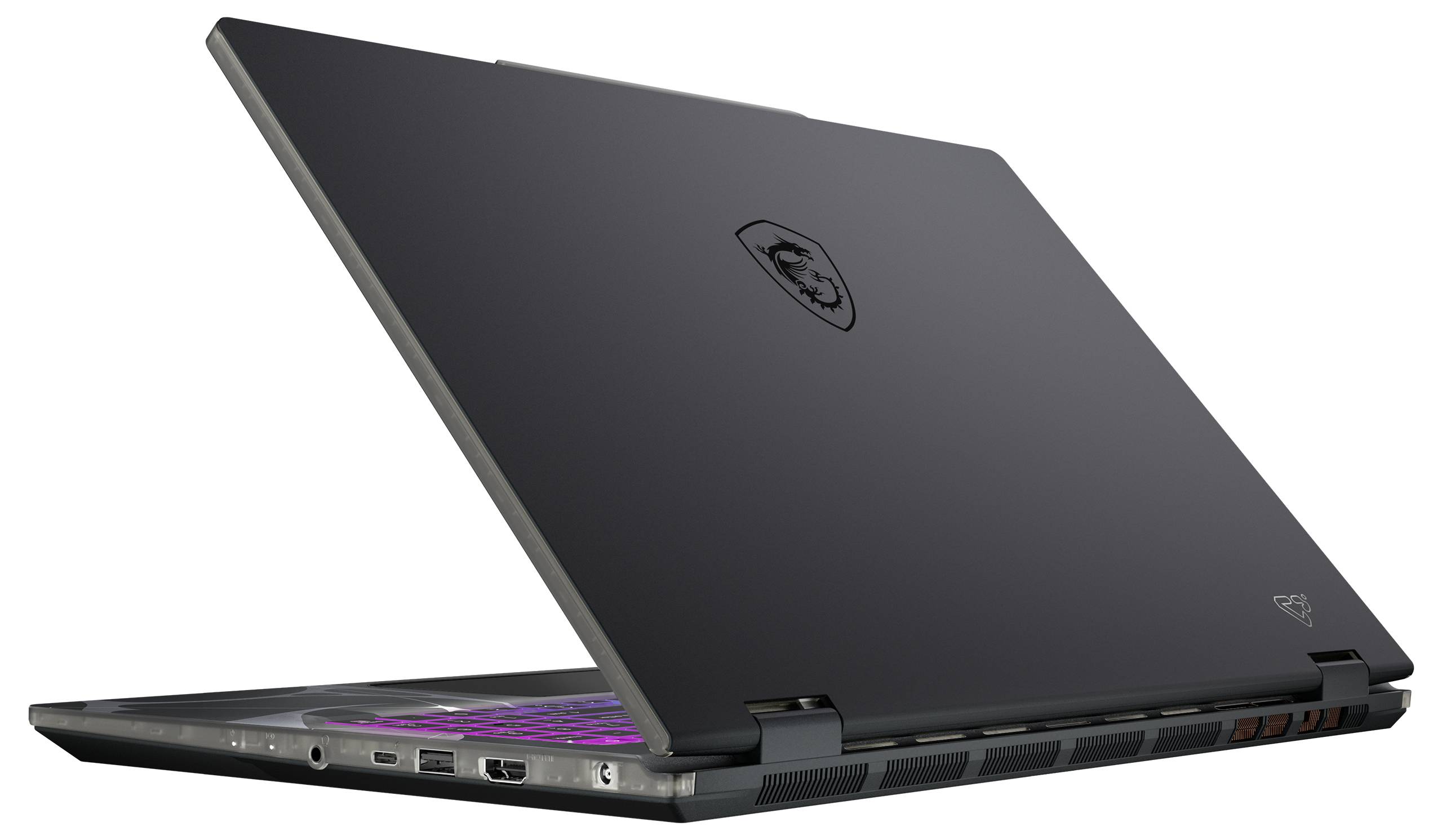 Un ordinateur portable élégant, noir, partiellement ouvert, avec un clavier rétroéclairé présentant des touches violettes, plusieurs ports visibles sur le côté, et un logo sur le couvercle.