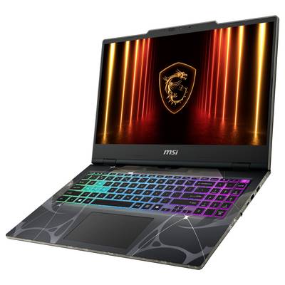 Un ordinateur portable de jeu avec un clavier rétroéclairé multicolore et un logo de dragon lumineux affiché sur l'écran, sur un fond sombre.